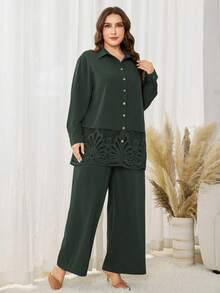 Lacomfia Plus Size Simple Casual Solid Color Long Sleeve Shirt With Ruffle Hem Decor & Elastic Waist Wide Leg Pants 2 Pieces Set, Spring/Autumn Fall - Green - View 6