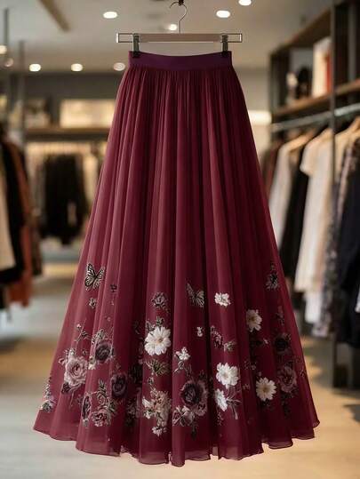 Franclia Soft Blush Tulle A-Line Long Skirt With Vintage Rose & Butterfly Print - Relaxed Waist, Flowy & Elegant Fairy Skirt