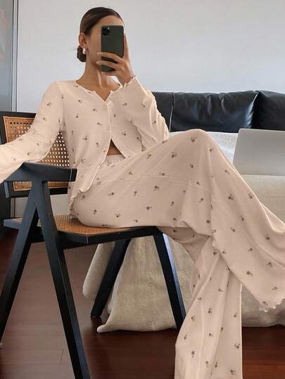 DAZY 2pcs Women Spring Cute Bow Decor Long Sleeve Cardigan Top And Loose Straight Leg Long Pajama Pants Sleepwear Set