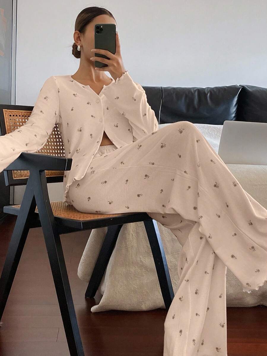DAZY 两件套女士春季可爱蝴蝶结装饰长袖开衫上衣和宽松直筒长睡裤睡衣套装 - 粉色 - 查看 1