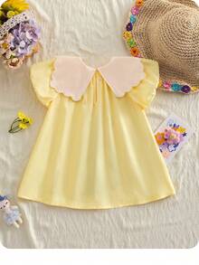 Süßes Cartoon-Muster gelbes Kleid mit Peter-Pan-Kragen und kurzen Ärmeln für Baby Mädchen, süßes Tier-Muster-Kleid für den Sommer, Prinzessinnen-Kleid mit Flügelärmeln, Schleifenkragen-Kleid. Geeignet für Frühling und Sommer, kann an verschiedenen Orten getragen werden, wie z.B. Innen- und Außenpartys, Geburtstage, Picknicks usw. - Verschiedenfarbig - Übersicht 2