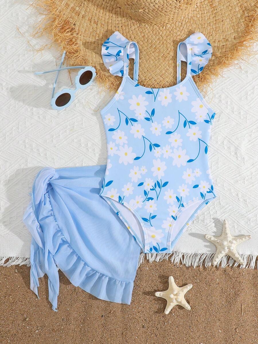 Young Girl Floral Print Ruffle Armhole One-Piece Swimsuit And Wrap Tie Sarong Skirt Set, Summer Beach Holiday Kids Daisy Print Swimsuit Girls Blue Flower Bathing Suit Girls Blue Swimsuit Kids Beach Clothes Girls Sky Blue Swimsuit Girls Blue Bathing Suits Swimsuits With Ruffles Kid Bathing Suit Girls Summer Outfit