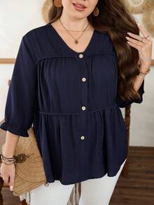Lacomfia Plus Size Women's Fashion Long Sleeve Pleated Front Drawstring Long Sleeve Blouse - Navy Blue - View 1