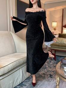 Women's Off Shoulder Lace Patchwork Long Velvet Fitted Elegant Dress Maxi Dress Sundress - Black - View 3