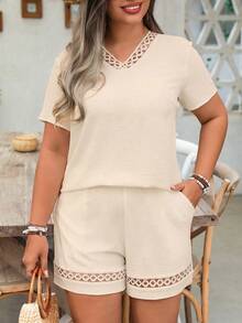 Linhara Plus Size Women's Solid Color V-Neck Ruffle Trim Casual Vacation Daily Elegant Short Sleeve Set, Spring/Summer - Apricot - View 4