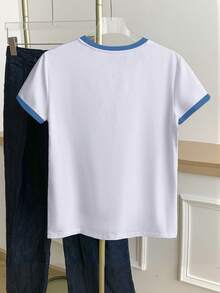 Resyla Maglietta a maniche corte da donna con scollo tondo, colorblock, casual, versatile, adatta per uso quotidiano - Bianco - Visualizzare 2