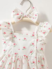SHEIN 2件套女婴/幼儿夏季无袖水彩印花连衣裙和发带套装 - 米色 - 查看 7