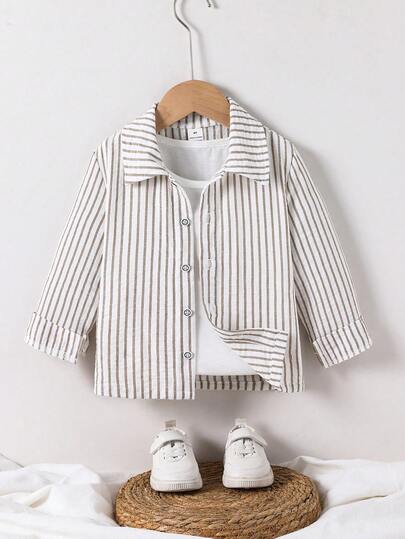 SHEIN Young BoyStriped Square Neck Collar Long Sleeve Shirt, Comfortable Fabric, Casual Versatile Suitable For Little Boys To Wear In Any Occasion, Suitable For Summer