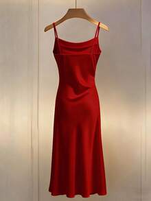 Franclia 女士可调节细肩带收腰优雅中长连衣裙，适合晚宴、派对和正式场合 - 紅色 - 查看 2
