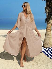 Swim Vcay Women's Summer Vacation Beach Dress, V-Neck Solid Color Woven Hollow Crochet Lotus Pattern Patchwork, French Elegant Luxurious Sexy Mid-Length Dress - Khaki - View 3