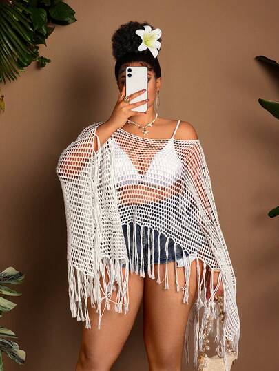 Maweii Women's Casual Minimalist Daily Commute Street Style Versatile Fashion Beach Vacation Picnic Boat Neck Long Sleeve Hollow Splice Tassel White Loose Plus Size Pullover Sweater, Spring/Summer