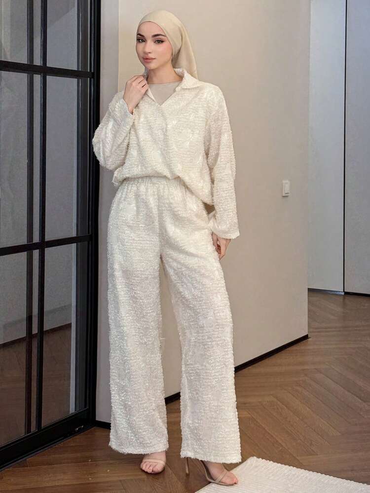 Women's Casual Solid Color Textured Collar Shirt And Wide Leg Pants 2 Pieces Set, Spring
