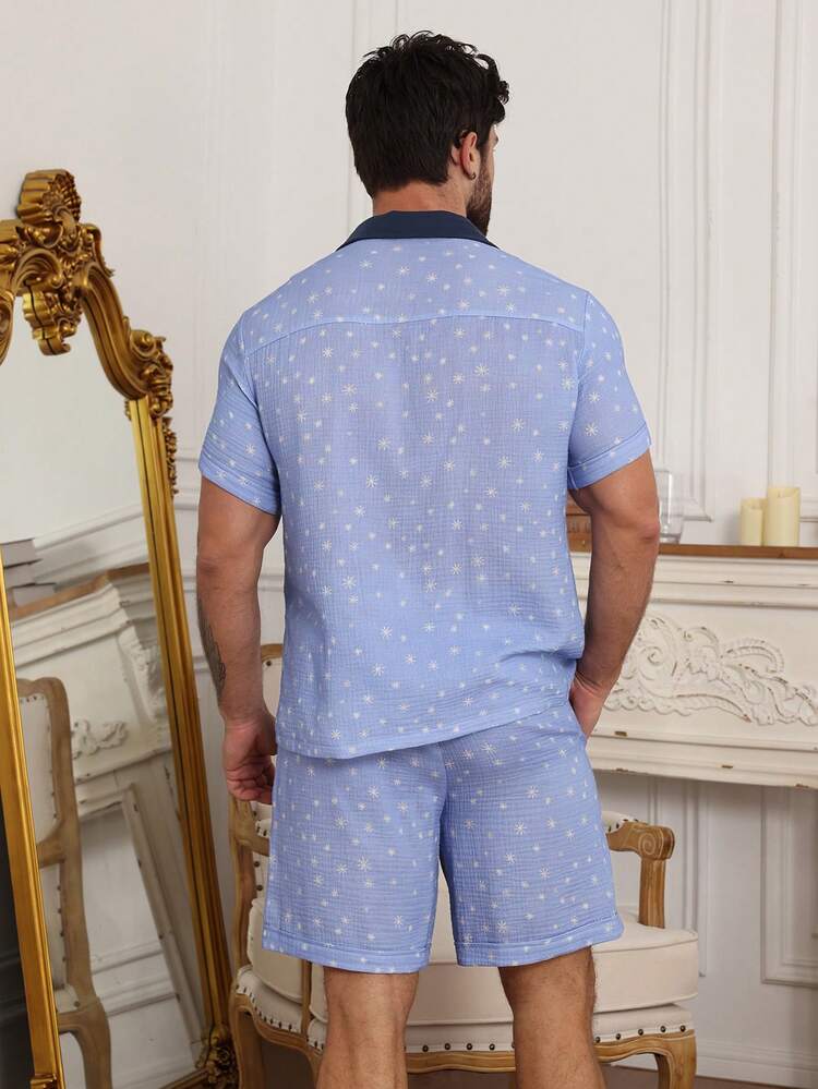Men's Summer Patchwork Collar Short Sleeve Top And Shorts Pajama Set