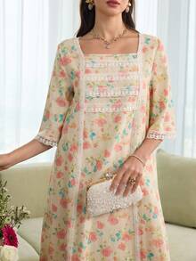 Al Najma Romantic Square Neck Lace Trim Long Sleeve Robe, Fashionable For Spring/Summer - Multicolor - View 1
