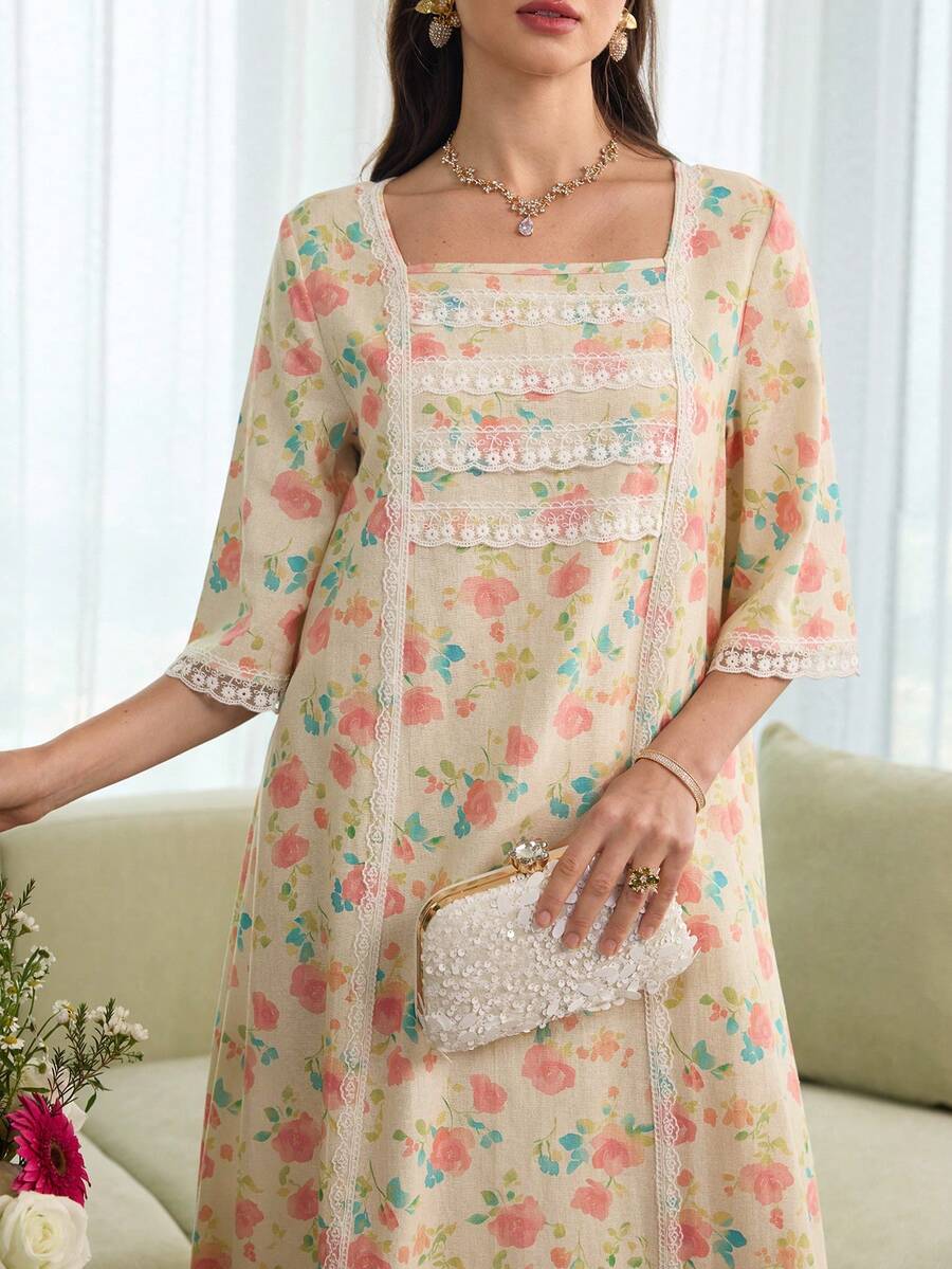 Al Najma Romantic Square Neck Lace Trim Long Sleeve Robe, Fashionable For Spring/Summer - Multicolor - View 1