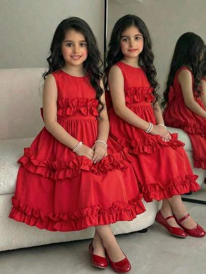 SHEIN Tween Girl Spring/Summer Casual Elegant Commute Ruched Frill Trim Round Neck Big Bow Decor Patchwork Flared Woven Solid Color Dress, Red