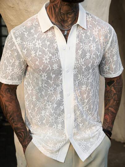 VENTUSAIL Men's White Knitted Lace Textured Jacquard Casual Holiday Short Sleeve Shirt