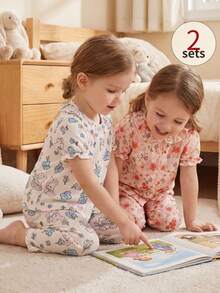 4pcs/Set Young Girl' Ditsy Floral Ruffle Collar Cardigan & Pants Set - Multicolor - View 3