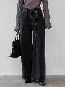 DAZY Women's Pocket Button Versatile Korean Style Loose Casual Wide-Leg Jeans - Grey - View 8