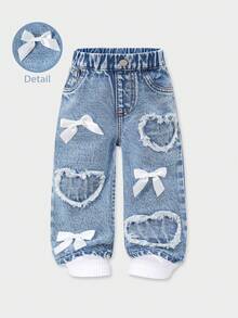 Baby Girls' Denim Jeans, Casual & Cute, Elegant Decor With Bow Tie & Heart Embroidery, Straight Leg, Elastic Waist, Comfortable Cotton Denim, Suitable For Daily Wear, Outings, Travel, Autumn New Arrival - Medium Wash - View 3