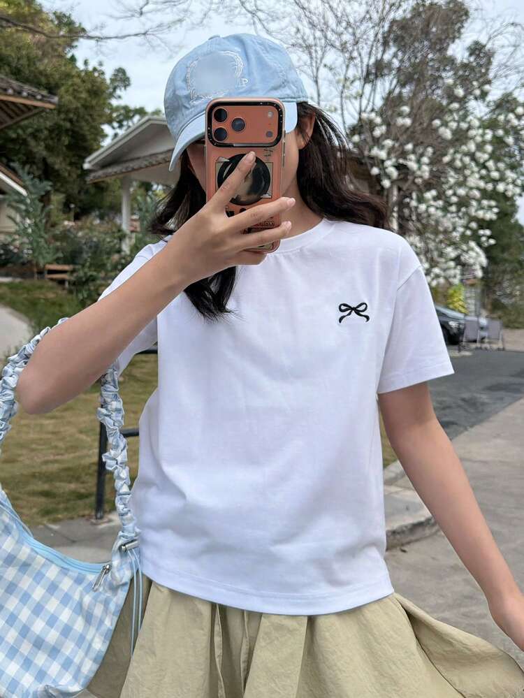 Tween Girls' Bow Embroidery Round Neck Casual Short Sleeve T-Shirt