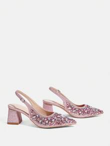 CUCCOO TILAWA Chaussures pour femmes à talon carré en tissu avec décoration de strass en verre. Chaussures à talons hauts pointus, convenant pour les sorties, les banquets, les fêtes et autres activités - Rose bonbon - Voir 8