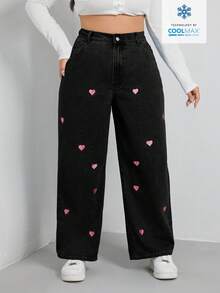 SHEIN EZwear 加码爱心刺绣阔腿牛仔裤 阔腿牛仔裤 女童阔腿牛仔裤 女士阔腿牛仔裤 - 黑色 - 查看 1