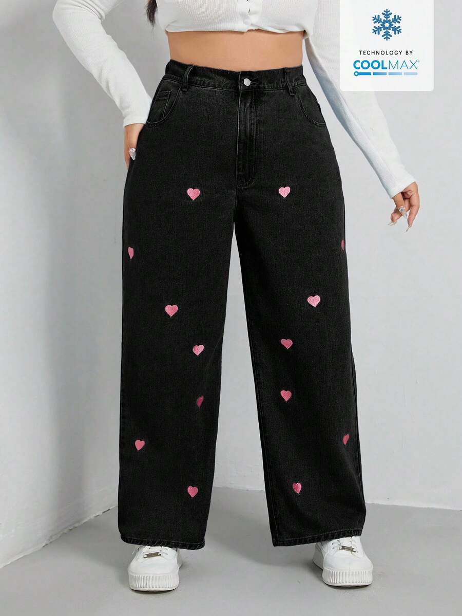 SHEIN EZwear 加码爱心刺绣阔腿牛仔裤 阔腿牛仔裤 女童阔腿牛仔裤 女士阔腿牛仔裤 - 黑色 - 查看 1