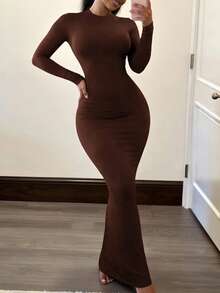 INAWLY Gaun Maxi Wanita Warna Polos Lengan Panjang Pas Badan Elegan Cokelat untuk Musim Gugur, Musim Semi dan Musim Panas - Kopi - View 3