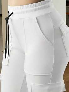SHEIN EZwear Quần thể thao nữ màu trắng dệt kim dáng ôm, quần tập luyện có túi, quần jogger nữ, quần cargo nữ, quần legging có túi, quần nỉ cargo, quần jogger co giãn nữ, quần jogger trắng, quần cargo nữ, quần cargo trắng, quần jogger co giãn cao cấp dành cho nữ. - trắng - Xem 3