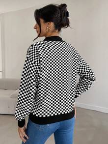 RueChic Teen Girls' Plaid Drop Shoulder Cardigan Sweater - Black and White - View 2