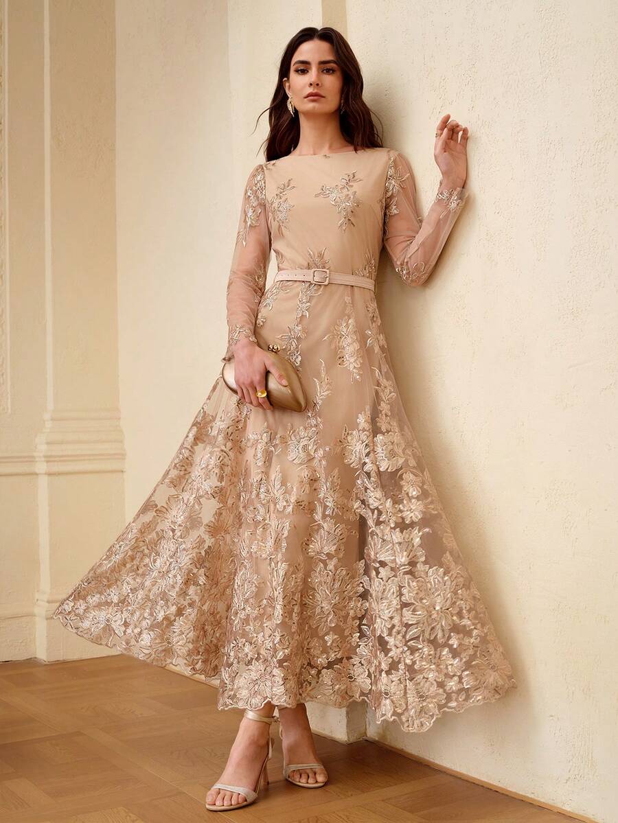 ZEYLAH Elegant Party Mesh Embroidered Long Sleeve Dress, Spring/Summer - Champagne - View 1