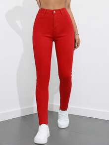 SHEIN ICON Women's Solid Color Minimalist Everyday Denim Pants - Red - View 4