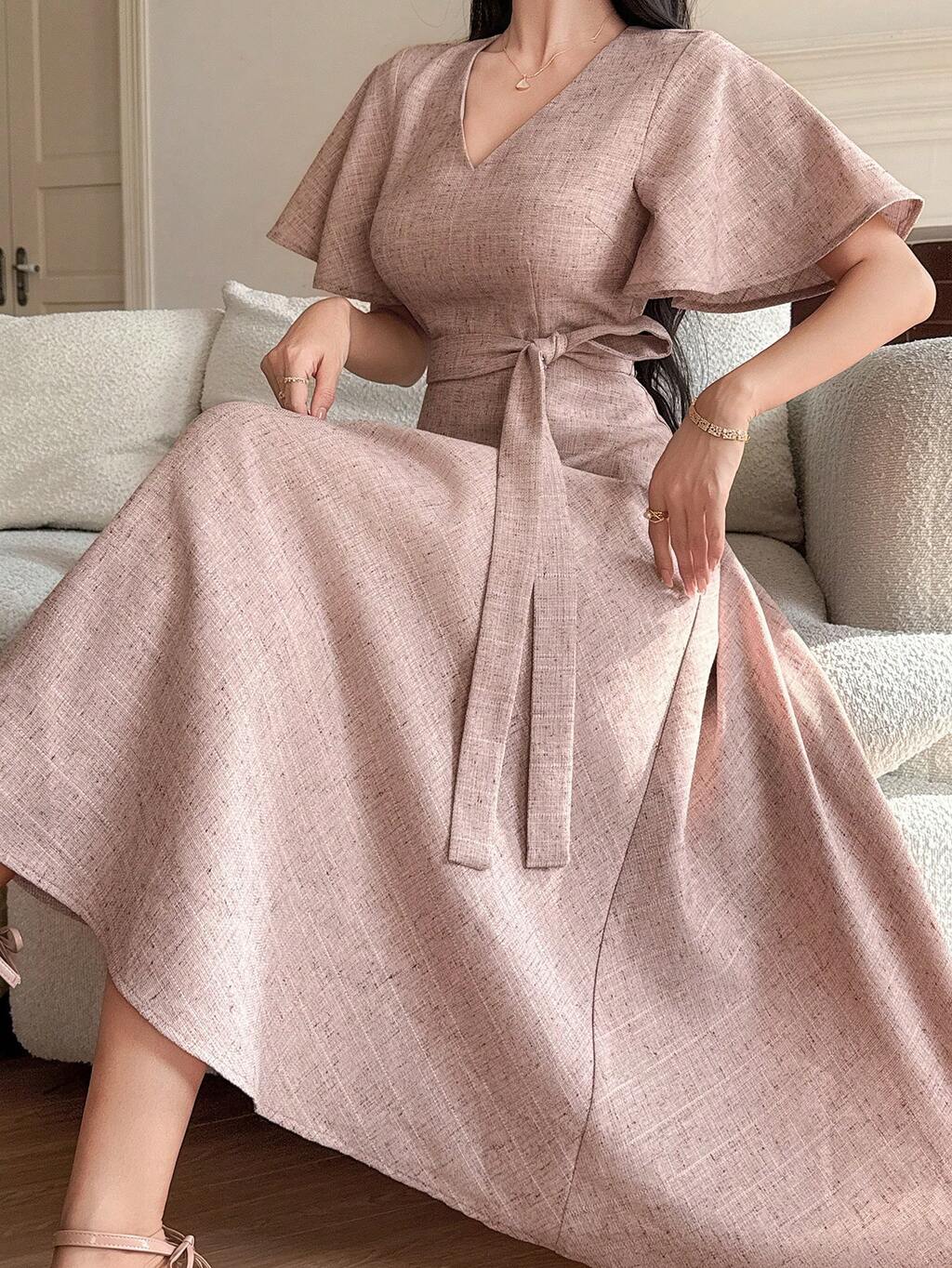 Women's Elegant V-Neck Belted Mid-Length Dress, Summer,Wedding Guest Dress Women Maxi Dress Sundress