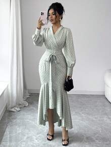 Selianne Damen Polka Punkt Muster Wickel Binde Elegant Langarm Kleid - Grün - Übersicht 5