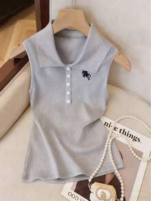 GlowEve Top sin mangas casual de mujer de verano con cuello falso bordado, de punto elástico y ajuste ceñido - Gris - Ver 6