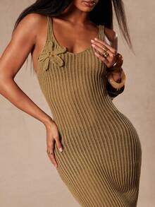NYA SZN Olive Green Autumn Elegant Brunch Knit Maxi Dress Women's Floral Beaded Crochet Strappy Bodycon Swimwear Cover Beach Vacation Casual Outfits - Green - View 4