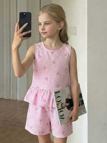 Young Girls T-Shirt Set, Sleeveless Top + Ruffle Hem Babydoll Style, Paired With Matching Shorts, Overall Fresh Casual Set; Soft Pink Tone + Bow Accent, Typical Sweet Style Suitable For Spring-Summer - Pink - View 10