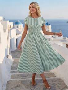 Faunlyn 女式清新条纹圆领短袖连衣裙 - 綠色 - 查看 5