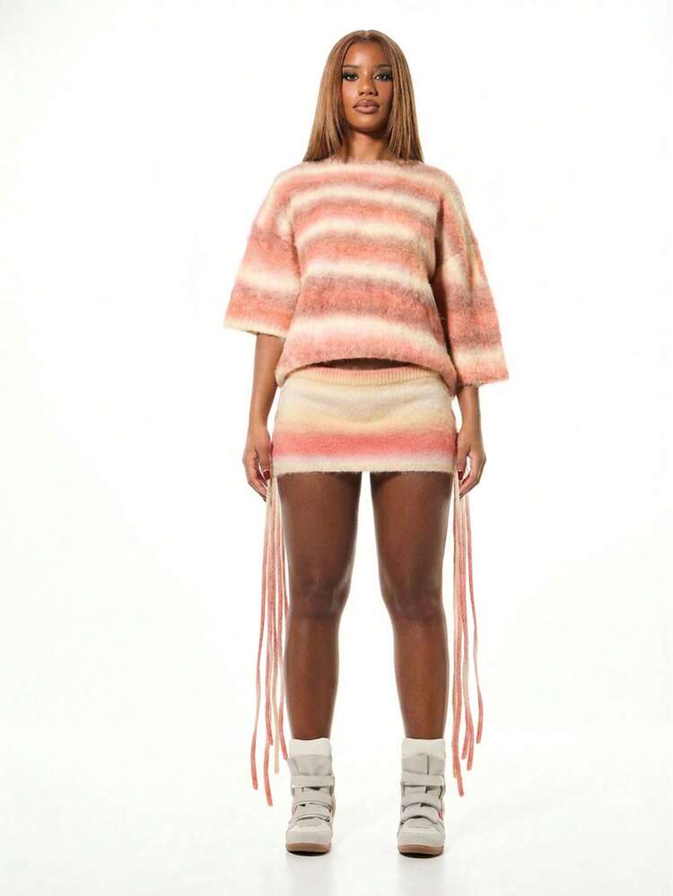 SUMWON WOMEN Striped Knit Mini Skirt With Side Ties