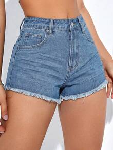Nuevo 2026 Pantalones cortos de mezclilla casuales minimalistas de unicolor para mujer - Blanco - Ver 9