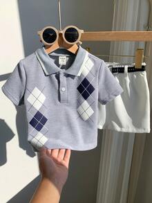 SHEIN 2件套男婴夏季休闲可爱灰色短袖polo衫和松紧腰短裤套装，配有腰带，适合生日派对、锐舞派对、晚宴、演出、婚礼、迎婴派对和一周岁生日庆祝活动。 - 彩色 - 查看 11