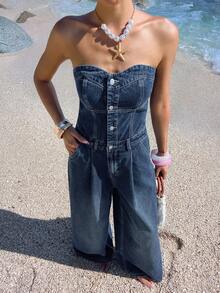 DAZY 女士休闲水洗牛仔连体裤，抹胸设计 - 中等水洗藍 - 查看 6