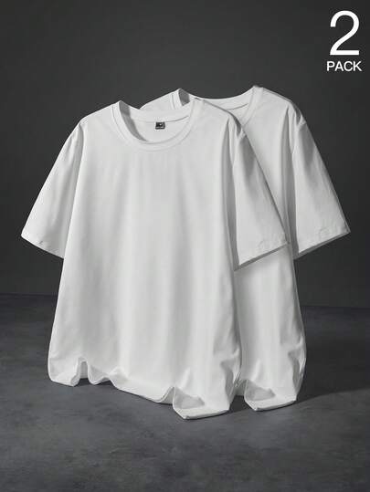 PAVTROS 2pcs Men's Solid Color Round Neck Short Sleeve T-Shirt Plain Tees