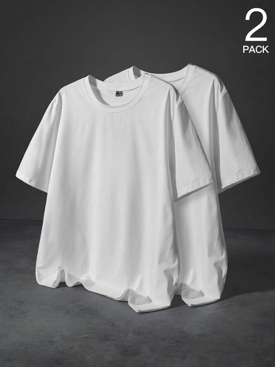 PAVTROS 2pcs Men's Solid Color Round Neck Short Sleeve T-Shirt Plain Tees - White - View 1