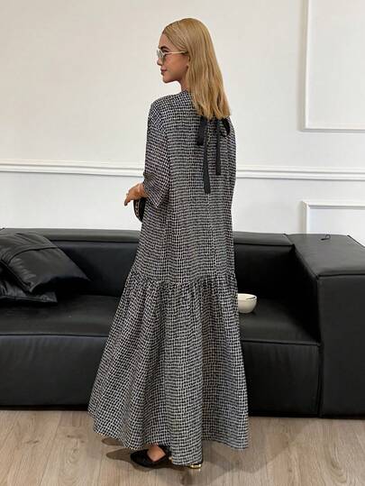 DAZY Women's Round Neck Half Sleeve Loose Pullover Long Dress With Bow Tie Back, Casual & Feminine