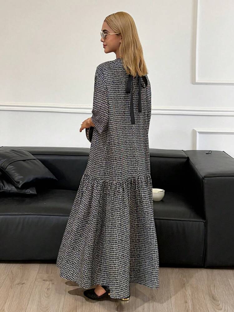 Women's Round Neck Half Sleeve Loose Pullover Long Dress With Bow Tie Back, Casual & Feminine