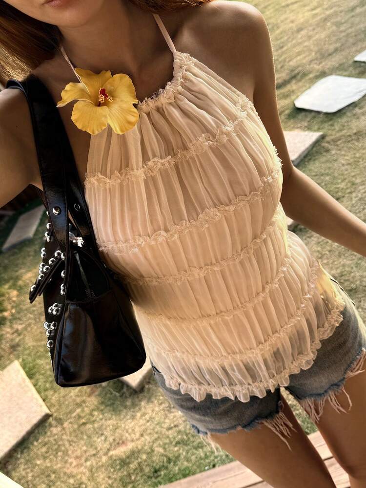 Women's Textured Fabric Halter Tie Backless Elegant Sexy Casual Tank Top