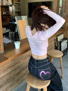 DAZY Women's Loose Fit Korean Style Heart Print Jeans - Blue - View 4