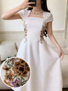 Modelyn Women's Swan Collar Cap Sleeve Floral Embroidery Elegant Mid-Length Dress Wedding Party Dress Bridesmaid Dress - Apricot - View 9